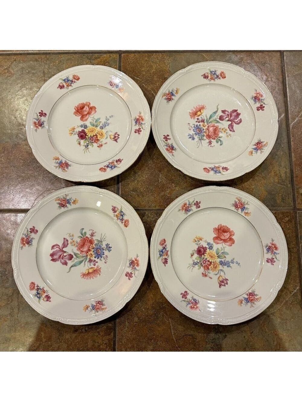 Zeh Scherzer Bavaria Germany Floral Minuet Dinner Plate Set of 4 9-3/4' Gold Tri
